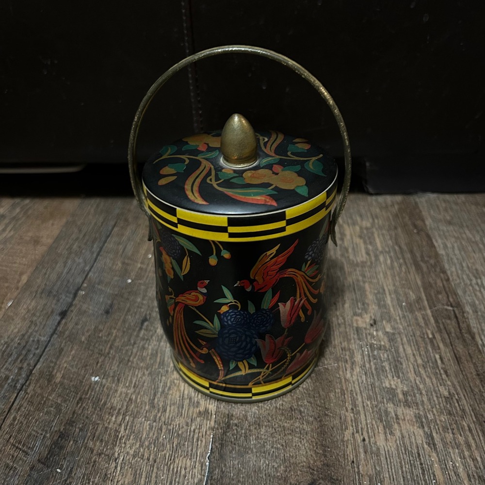 Vintage Murray-Allen Regal Crown Pheasant Floral Metal Tin with Handle Black